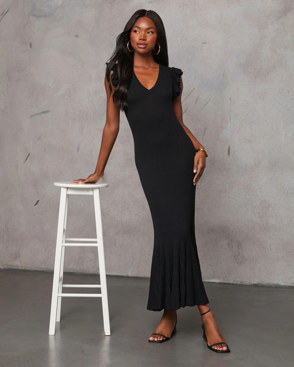 Slide Over Ribbed Knit Ruffle Midi Dress