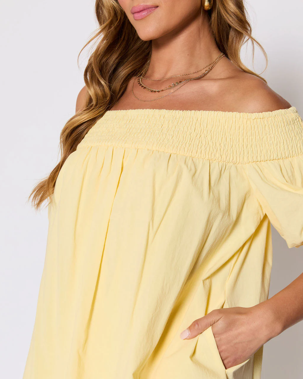 Lydia Cotton Smocked Off The Shoulder Mini Dress